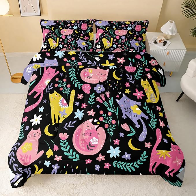 QOOMO Floral Cat Comforter King Size,Black Cats Bedding Set for Kids Teens Girls,3Pcs Bedding Set Printed Comforter with 2 Pillowcases,Down Alternative,Soft and Lightweight(Black，King Size)