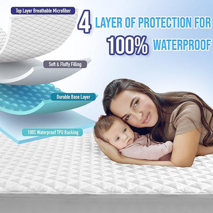 HYLEORY Full Size Waterproof Mattress Pad Protector, Breathable Quilted Mattress Cover Noiseless Waterproof Fitted Sheet Mattress Topper Upto 21" Deep Pocket, White