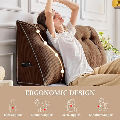 Sasttie Headboard Pillow Twin/Twin XL, Wedge Pillow Headboard for Dorm, Triangular Daybed Backrest Cushion for Sitting or Reading in Bed, with Removable Washable Cover, Brown