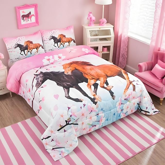 Feelyou Girls Horse Comforter Set Full Size Galloping Horses Bedding Set for Kids Teens Cherry Blossom Comforter 3D Wild Animal Duvet Set Farmhouse Bedroom Decor Quilt Set with 2 Pillow Cases 3Pcs
