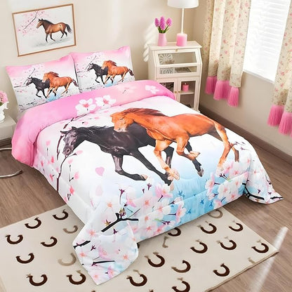 Feelyou Girls Horse Bedding Set Twin Size Galloping Horses Comforter Set for Kids Teens Cherry Blossom Comforter 3D Wild Animal Duvet Set Farmhouse Bedroom Decor Quilt Set 2Pcs