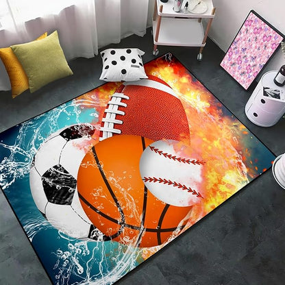 Basketball Rug for Boys Bedroom Kids Football Carpet Water Fire Sports Rugs for Boys Bedroom Baseball, Soccer Rug for Playroom Living Room Decor Sofa Mat, 3x4 Feet