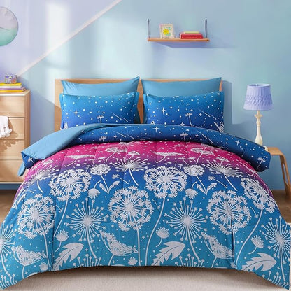 Menghomeus Girls Comforter Set Full Size 7 Pieces Bed in A Bag Ombre Pink Blue Rainbow Bedding Set Dandelion Butterfly Print Kids Bedding Collections
