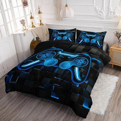 Axolotl Gamepad Comforter Set Full Size,Blue Grid Print Bedding Set,Boys Gaming Console Comforter Set,Modern Gaming controller Geometry Bedding Set for Adult Teens Men,1 Quilt 2 Pillowcases,Blue Black