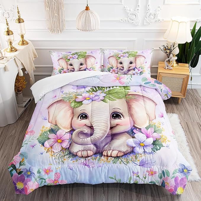 Elephant Flowers Comforter 3pcs Queen Wild Animals Pink Purple Kawaii Butterfly Bedding Kids Comforter Set for Boys Girls Cute Pattern Quilt Bed Set with 1 Comforter and 2 Pillowcases