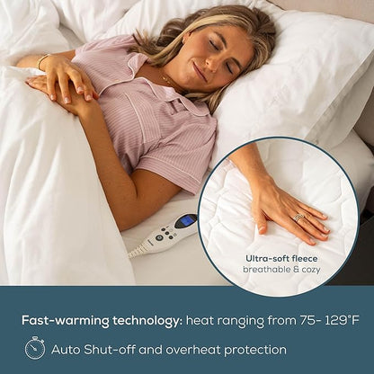 Beurer UWB70 Heated Mattress Pad Queen, Dual Control Electric Mattress Cover with Separate Feet/Body Heat, Auto Shut Off, 9 Warming Levels, Overheat Protection, and Soft Quilted Fabric, 60" x 80"