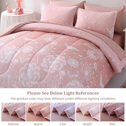 Menghomeus Girls Comforter Set Twin Size 5 Pieces Bed in A Bag Ombre Pink Bedding Set Dandelion Butterfly Print Kids Bedding Collections