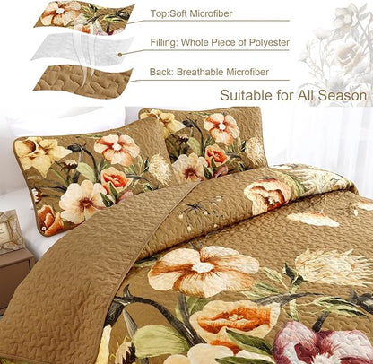 Drucon Brown Floral Quilt Set King Size 3 Pieces Brown Botanical Flower Quilt Coverlet Set Soft Microfiber Lightweight Quilted Bedspread for All Season 104"x90"