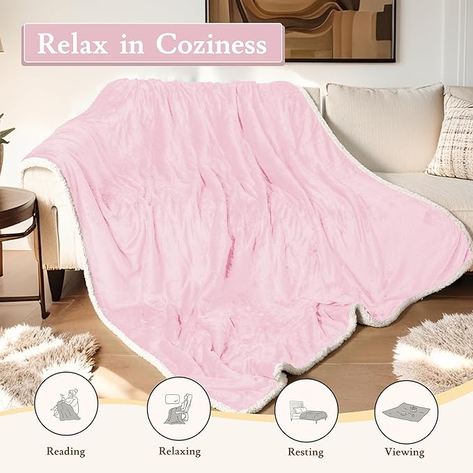 Electric Heated Blanket Flannel & Sherpa 50"x60" Throw Size - 4 Heat Levels, 10H Auto Shut Off, Fast Heating, Cozy and Comfortable, Warm Gifts, Machine Washable - Pink