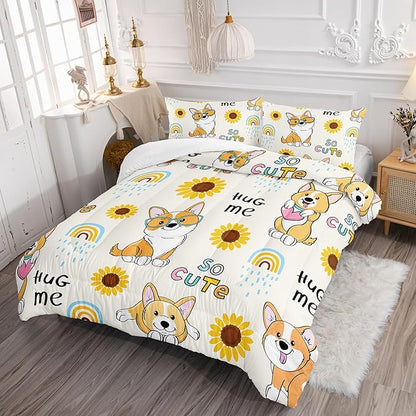 Kawaii Cartoon Corgi Dog Animal Themed Comforter 3Pcs Twin Yellow Sunflower Rainbow Bedding Set for Kid Teen Girl Boy Adult So Cute Pet Dog Quilt Bed Decor with 1 Comforter and 2 Pillowcases