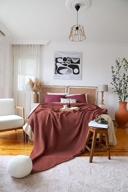 100% Turkish Cotton Waffle Blanket King Size Red - Premium Quality, Light and Airy Waffle Weave All-Season Quilt - Lux Decorative Bedspread (Dark Red, King Size 95" x 110" Inch)