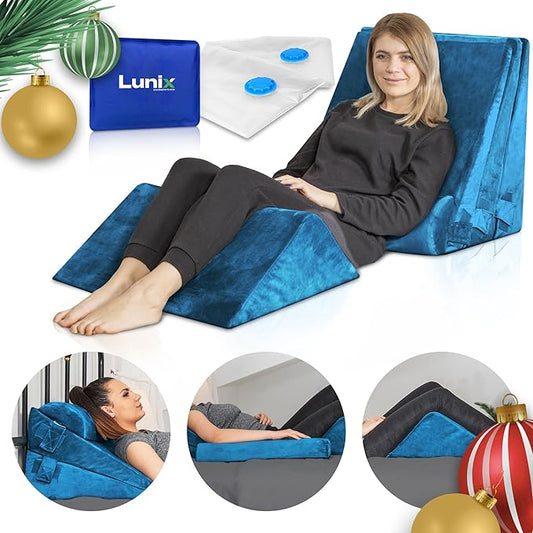 Lunix 5pcs Orthopedic Bed Wedge Pillow Set for Sleeping – Adjustable Post Surgery Back, Leg & Knee Support, Acid Reflux & GERD Relief, Memory Foam Head Pillows, with Hot/Cold Pack, Blue