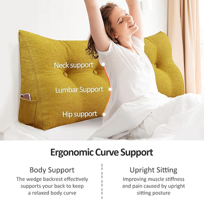 Wedge Pillow Headboard Reading Pillow for Sitting Up in Bed Adult Backrest Large Triangle Bolster Pillow for Couch Daybed Cushion Lumbar Body Support Leg Positioning（Yellow, King）