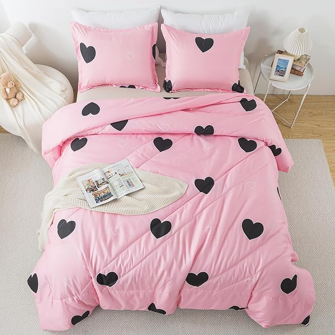 Caressma Blush Pink Love Comforter Set Queen Size, Cute Heart Pattern Bedding Comforter for Girls Women, 3 Pieces Soft Microfiber Fluffy Lovely Comforter Set for All Seasons Room Decor
