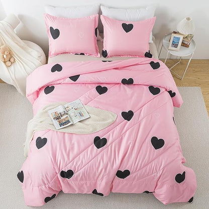 Caressma Blush Pink Love Comforter Set Queen Size, Cute Heart Pattern Bedding Comforter for Girls Women, 3 Pieces Soft Microfiber Fluffy Lovely Comforter Set for All Seasons Room Decor