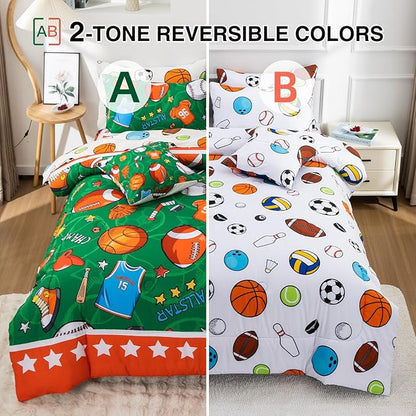 A Nice Night 6Pcs Bed in A Bag Twin Sports Comforter Set, Rugby Ball Jersey Patchwork Printed Bedding Collections,for Boys Kids Teen,Green