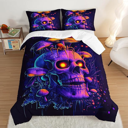 Death Skull Comforter Set Full Size,Gothic Bedding Spider Mushroom Printed Comforter Set for Kids Teens Boys Room Decor,Spooky Horror Themed Bedding Sets with 2 Pillowcases.