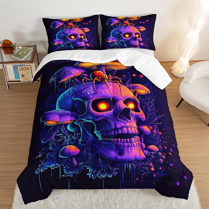Death Skull Comforter Set King Size,Gothic Bedding Spider Mushroom Printed Comforter Set for Kids Teens Boys Room Decor,Spooky Horror Themed Bedding Sets with 2 Pillowcases.
