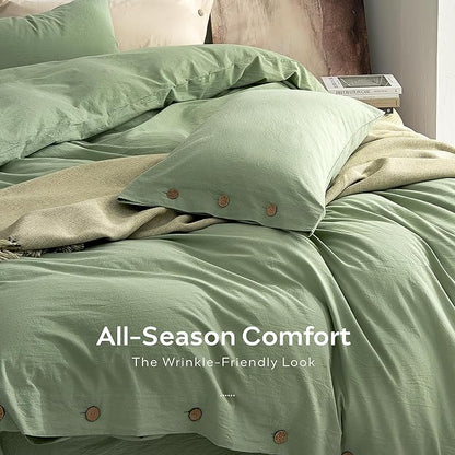 JELLYMONI 100% Washed Cotton Duvet Cover King – Soft, Breathable Linen-Look Bedding with Natural Wrinkle Texture, Button Closure, 3-Piece Set (Mint Green, 104"x90")
