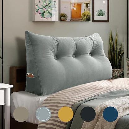 WOWMAX Triangular Headboard Pillow Twin Bed Wedge Pillow for Headboard Large Bolster Pillow for Bed Wedge Pillow Headboard Daybed Pillows with Removable Cover, Velvet (100% Cotton), Gray