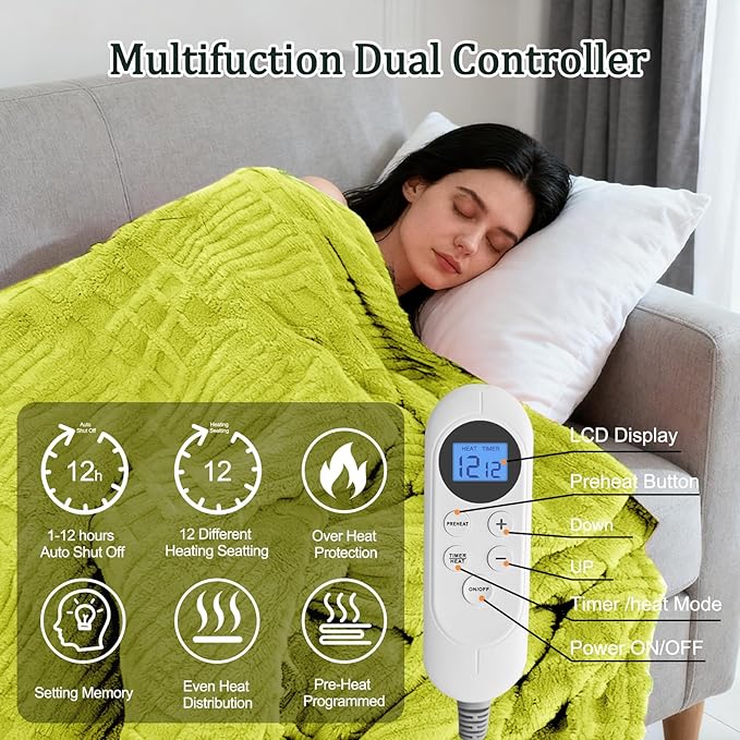 Heated Blanket Queen Size, 84"x90" Electric Heating Waffle, Machine Washable Blanket, 12 Heat Levels & 12 Hours Auto Off, Soft Warm Flannel Blanket, Overheat Protection with ETL & FCC (Tender Green)