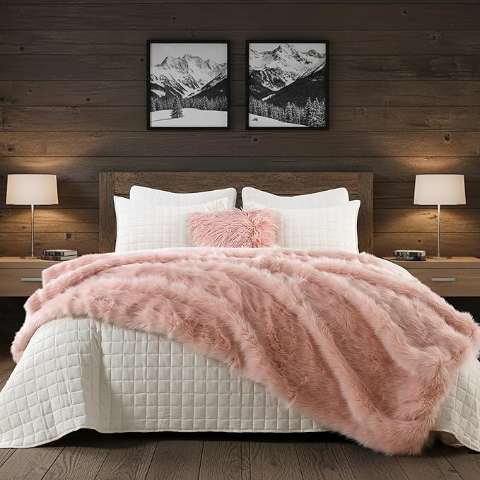 HORIMOTE HOME Pink Faux Fur Throw Blanket, Long Pile Light Pink Fur Blanket, Super Warm, Soft, Cozy, Fuzzy, Fluffy Throws for Couch Bed Sofa, Aesthetic Home Room Decor Throw, 50" x 60"