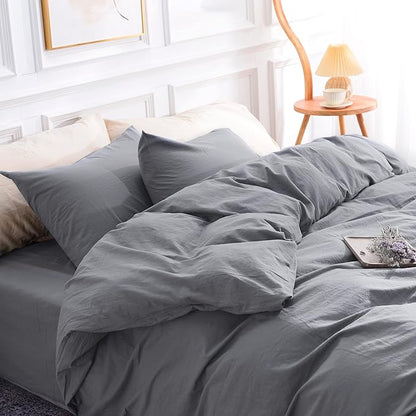 NEXHOME PRO Cotton Duvet Cover Set King Size Linen Look Textured Organic Natural 100% Washed Cotton Duvet Cover 3 Pieces Bedding Set with Zipper Closure, Breathable, Soft, Grey (No Comforter)