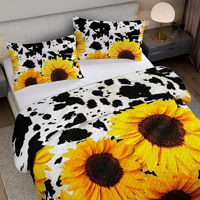QOOMO Sunflower Quilt Set King Size,Cow Print Bedspread Coverlet Set,Animal Print 3Pcs Bedding Set Printed Quilt with 2 Pillowcases,Soft and Lightweight,for All Seasons