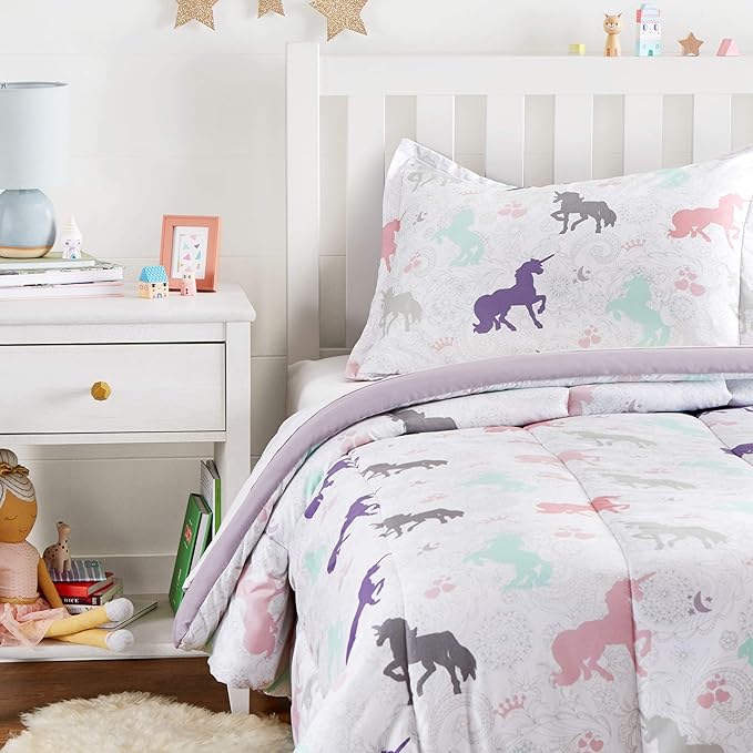 Amazon Basics Soft Easy-Wash Microfiber Kid's 2 Pieces Comforter and Pillow Sham Set, Animal Printed, Twin, Purple Unicorns