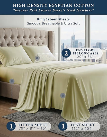 100% Egyptian Cotton King Size Sheets Set – Silky Sateen Weave for Winter Sleep Comfort, Buttery Soft & Durable Christmas Sheets King Size, Snug Fit 15" Deep Pocket, Hotel Comfort at Home - Mineral