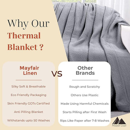 Mayfair Linen 100% Pure Cotton, Luxury Twin/Twin XL Size Dark Grey Blanket - Herringbone Pattern, Soft &Cozy Premium Fall Bed Throw Blanket for All Seasons, 350GSM & 68x92 with Free Tote Bag.