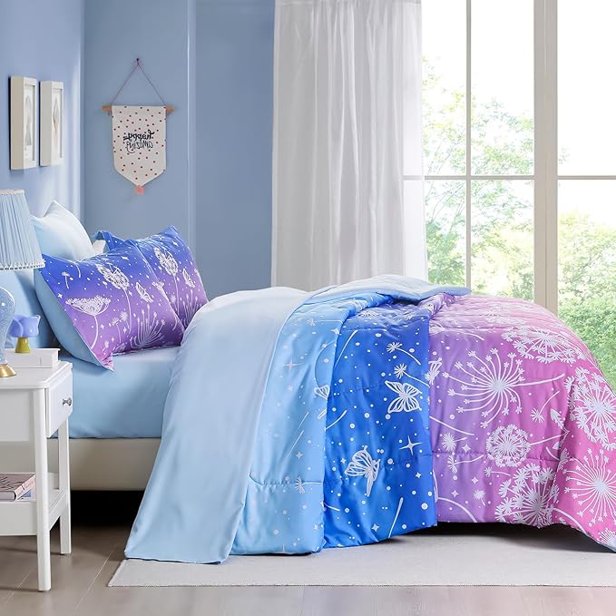 Menghomeus Girls Comforter Set Twin Size 5 Pieces Bed in A Bag Ombre Blue Pink Bedding Set Dandelion Butterfly Print Kids Bedding Collections