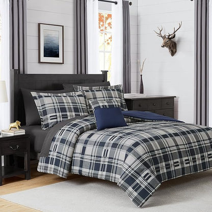 MaiRêve Full Size Comforter Set Navy Blue, Plaid Design Comforter Set 7 Pieces, All Season Comfortable Bedding Sets Full, Lightweight, Soft and Warm (Navy Blue, Full)