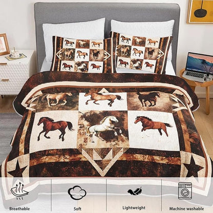 Western Brown Galloping Horse Quilt Bedding King 3Pcs Rustic Farmhouse Horse Bed Set Wild Animal Retro Grid Pattern Bedspread Coverlet with 2 Pillowcases for Kid Boy Girl Teen Adult Room Decor