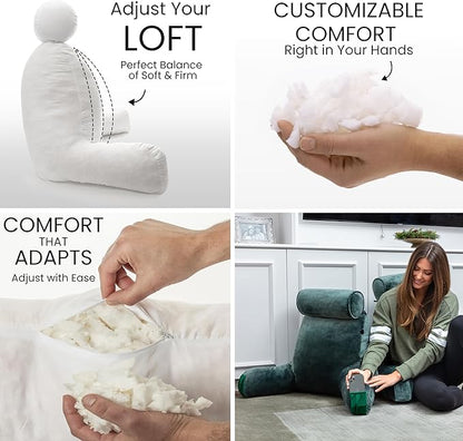 Husband Pillow Medium Dark Green, Backrest Kids, Teens, Petite Adults - Reading Pillows with Arms, Adjustable Loft, Plush Memory Foam, Bed Rest Chair Sitting Up, Detach Neck Roll, Removable Cover