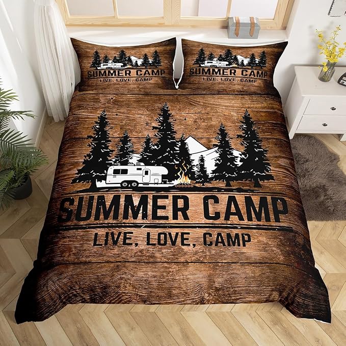Castle Fairy Happy Summer Camp Comforter Cover,Rustic Farmhouse Camping Duvet Cover for Girls Teens Decorative Bedroom,Retro Black Sketch Drawing Polyester Quilt Cover with 2 Pillowcases, Full Size