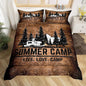 Happy Summer Camp Duvet Cover Set King Size,Rustic Farmhouse Camping Comforter Cover with 2 Pillowcases Bedspread,Retro Black Sketch Drawing Microfiber Quilt Cover for Adult Women,3pcs