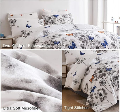Reversible Twin Comforter Set with Sheets, 7 Pieces Twin Bed in a Bag with Comforter, Sheets and Pillowcases, Floral Butterfly Hearts Soft Microfiber Kids Twin Bedding Set, Grey and White