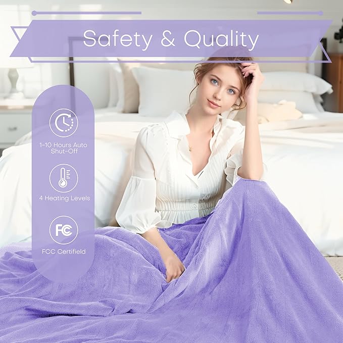 Electric Heated Blanket Queen Size 84"x90" - Coral Fleece & Sherpa Fabric Dual-Sided, 4 Heat Settings & 10 Hours Auto Off, Soft Warming Throw for Home, Office, or Bed, Machine Washable, Light Purple