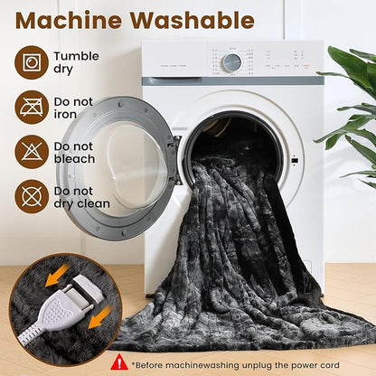 Bearhug Heated Throw Blanket 50" x 60" Electric Throw Warming Blanket Reversible Faux Fur & Sherpa, 6 Heating Levels & 4H Auto Off, Over-Heat Protect, ETL, Washable Heated Blanket Marble Black