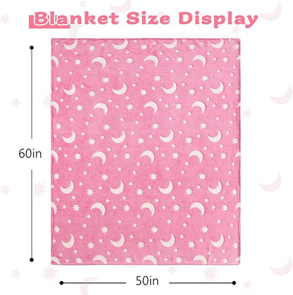 QSTEHEML Pink Moon Glow in The Dark Blanket,Star Gifts Toys for Kids Girls Birthday Christmas Bedroom Decor for Age 3-12 Years Old Toddler Teens Child Daughter Soft Luminous Blanket，50"×60"