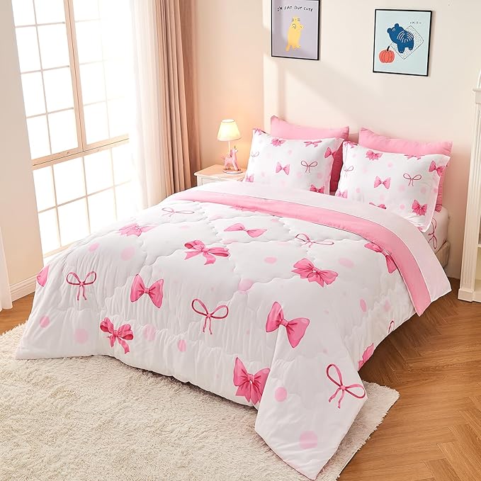 Wajade 7 Piece Pink Bow Bedding Set for Girls Kids Twin Size Comforter Set with Sheet and 2 Pillowcases 2 Pillow Shams Cute Girls Bed in a Bag as Birthday Choice
