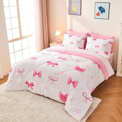 Wajade 7 Piece Pink Bow Bedding Set for Girls Kids Full Size Comforter Set with Sheet and 2 Pillowcases 2 Pillow Shams Cute Girls Bed in a Bag as Birthday Choice