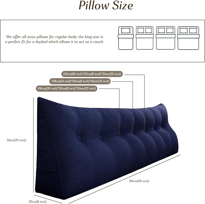 Headboard Wedge Pillow - Triangular Headboard Pillow Bed Rest Wedge Pillow for Sitting in Bed - Backrest Positioning Support Reading Pillow Daybed Pillows with Removable Cover