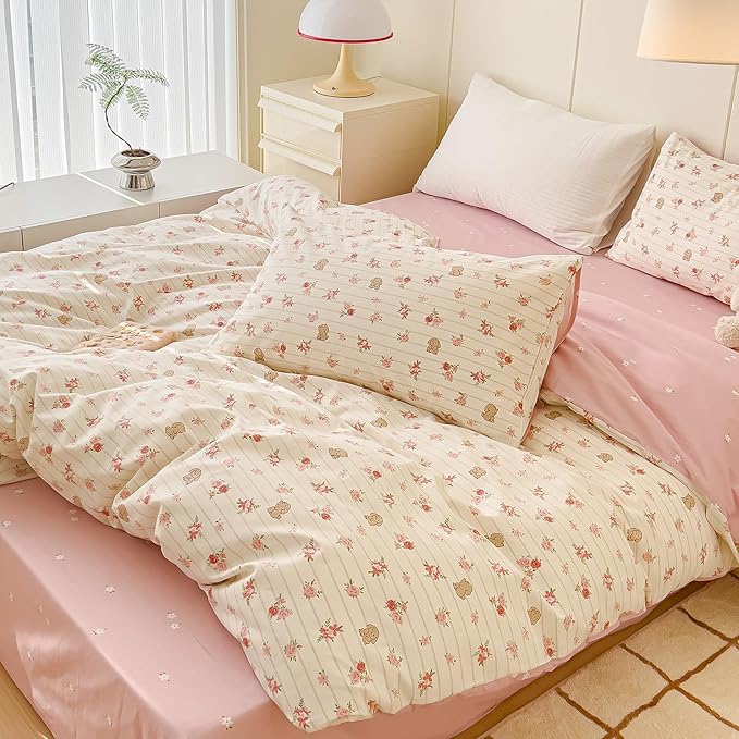 AOJIM Aesthetic Striped Duvet Cover Set with Floral and Rabbit Pattern, 1 Cotton Comforter Cover and 2 Pillowcases, Soft Durable Kids Duvet Cover Twin Size, Pink Bedding for Room Decor, No Comforter