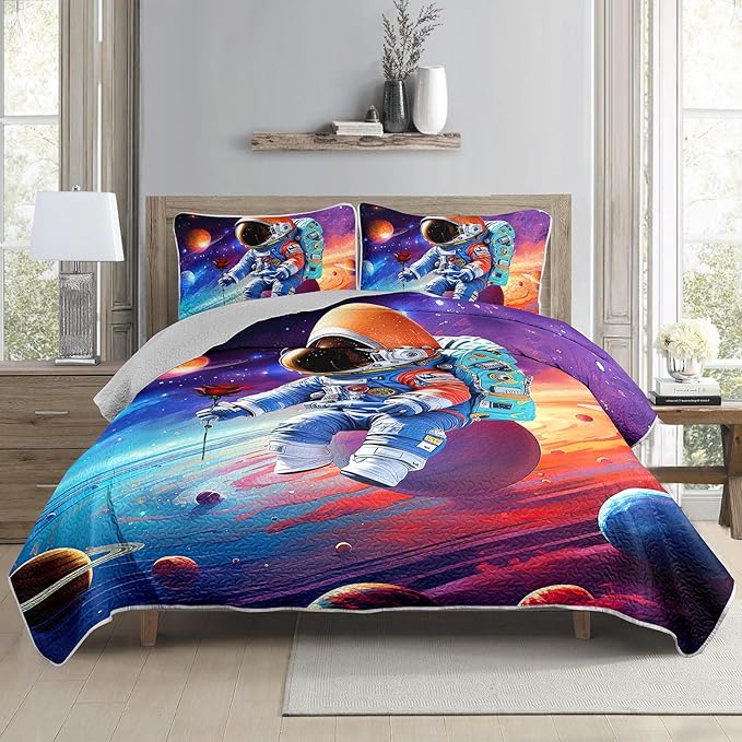 AILONEN Kids Astronaut Quilt Set - Full Galaxy Outer Space Themed Soft Bedspread Coverlet - Dreamy Planets Rose Printed Astronaut Cartoon Quilted Bedding + 2 Pillowcases