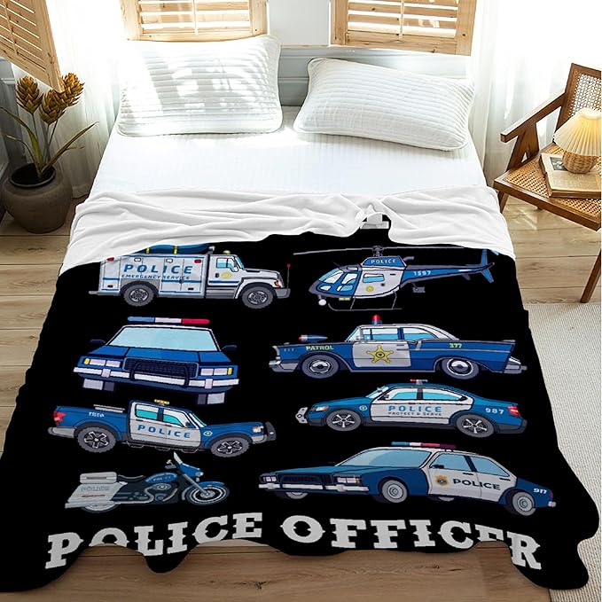 Custom Police Car Blanket for Boys Kids Police Car Lovers Soft Plush Warm Cartoon Car Blanket for Couch Bed Sofa Decor Birthday Custom Police Blanket Police Gifts 90''x 120''