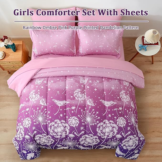 Menghomeus Girls Comforter Set Full Size 7 Pieces Bed in A Bag Ombre Pink Purple Rainbow Bedding Set Dandelion Butterfly Print Kids Bedding Collections