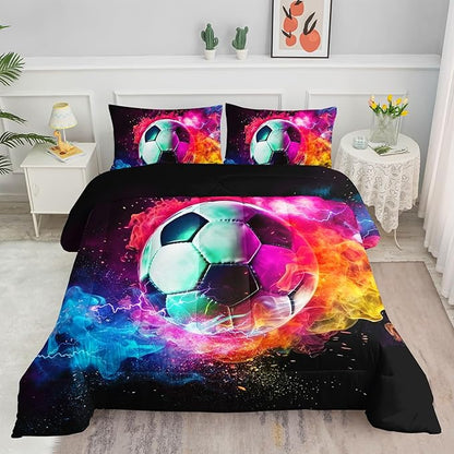Kids Comforter Set Flame Soccer Printed Pattern Bedding Set with 1 Comforter and 2 Pillowcases for Girls Boys Bedroom All Season(Flame SoccerQueen)