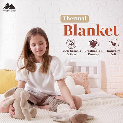 Mayfair Linen 100% Pure Cotton, Luxury King/Cal King Size Medium Blue Blanket - Herringbone Pattern, Soft &Cozy Premium Fall Throw Blanket for All Seasons, 350GSM &106x92 with Free Tote Bag